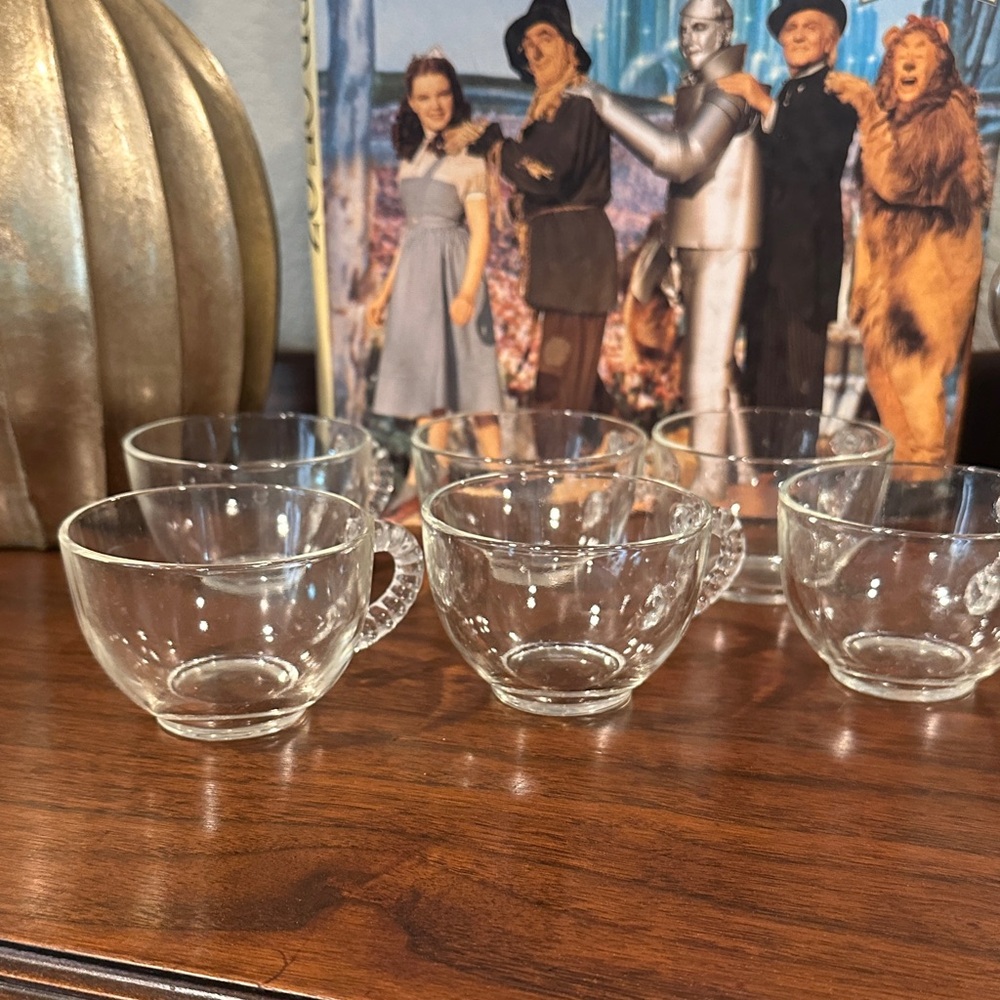 6 clear heavy glass cups from a Federal snack set. CREAMER & SUGAR BOWL Included